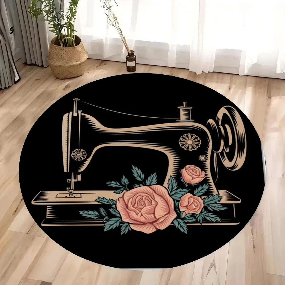 Vintage Sewing Textile - ~O~빈티지 재봉틀 원형 러그 – 침실,
