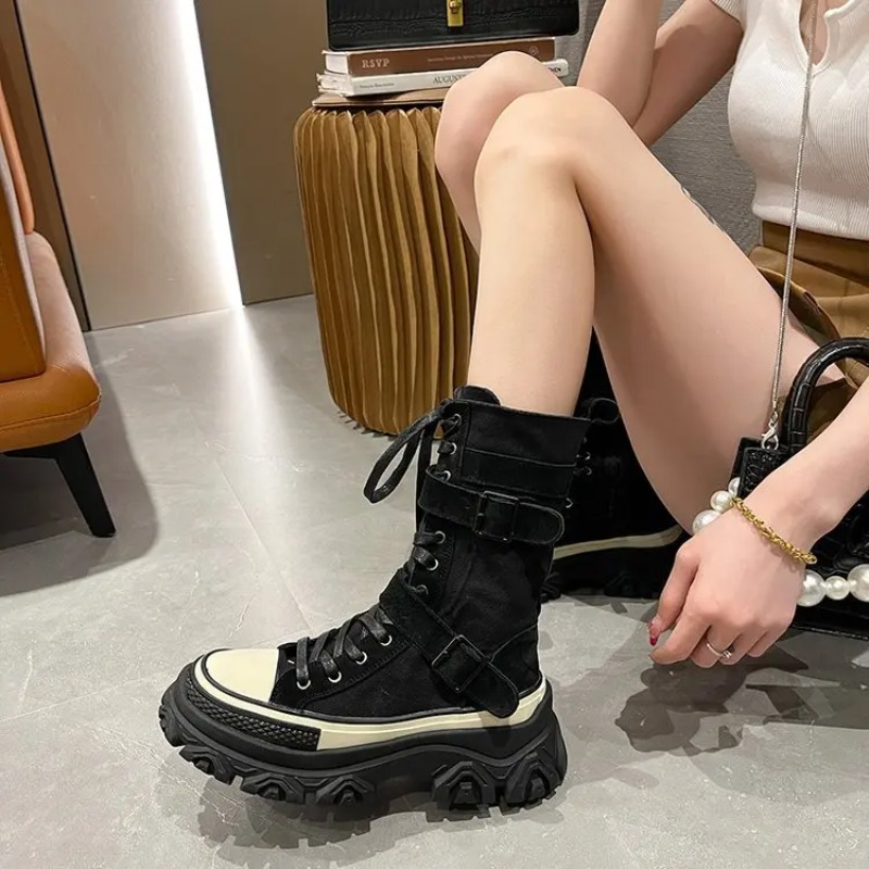 두꺼운 플랫폼 여성 부츠 빈티지 캔버스 툴링 하이탑 나 - Sewing Latex 리뷰 및 가격